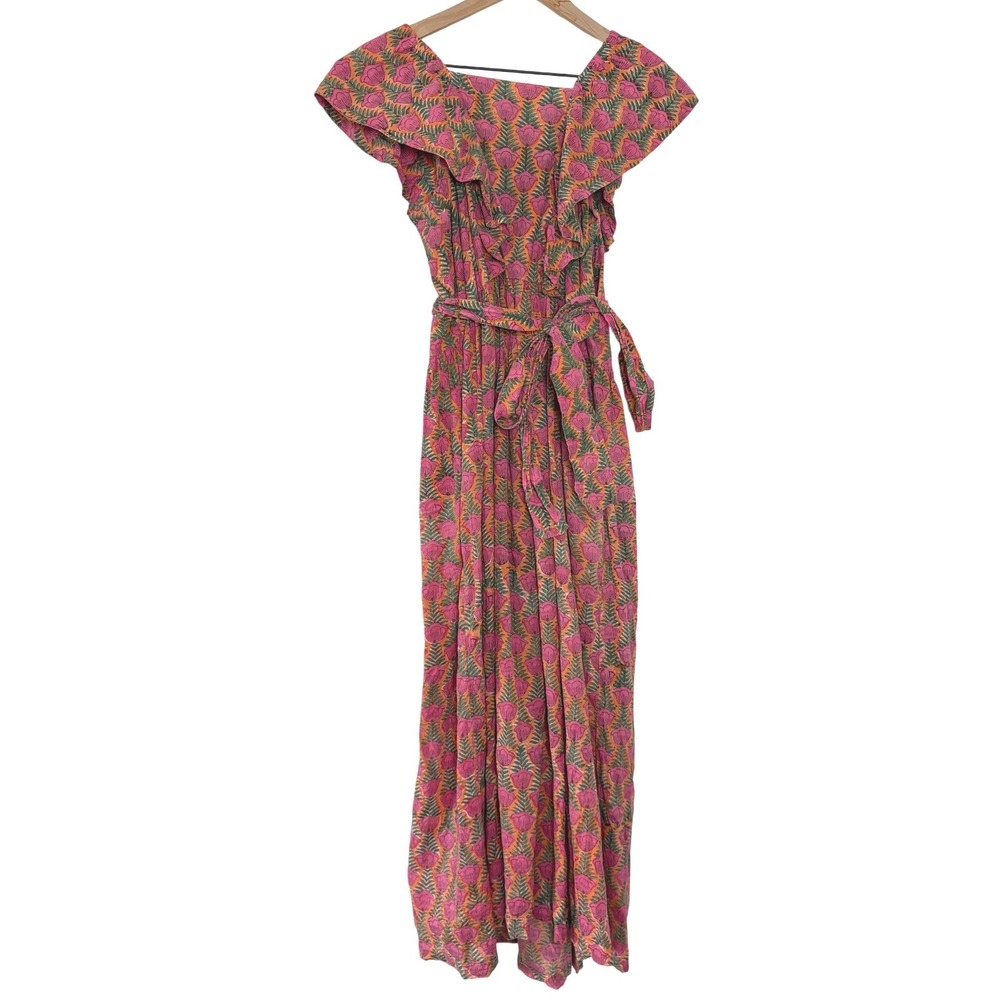 Bohemian Gemme Pink Orange Floral Ruffle Maxi Dress Smocked Back Medium
